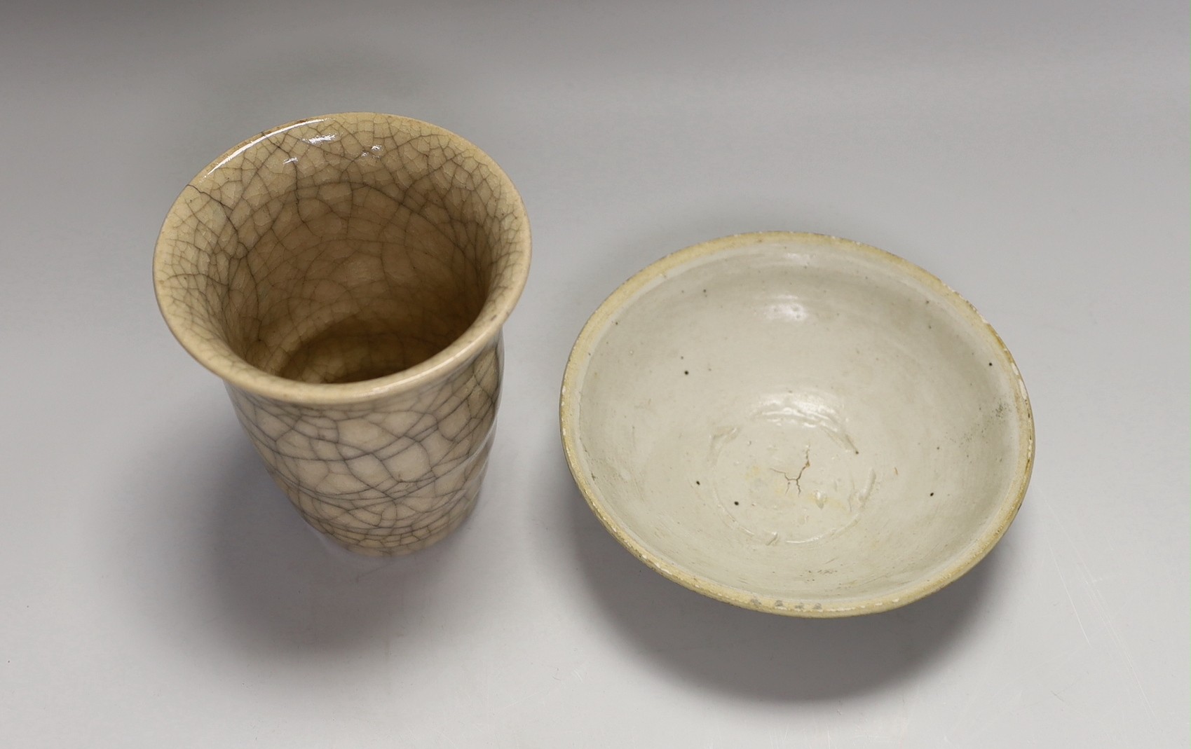 A Chinese crackle glaze vase and another Chinese bowl, tallest 12cm